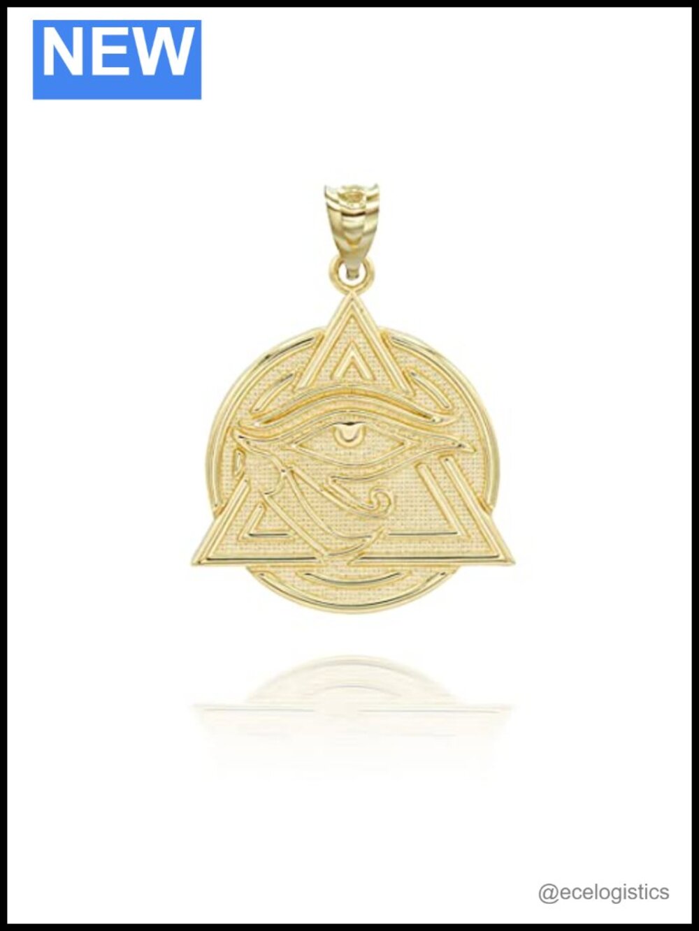 Solid 14K Yellow Gold Eye of Horus Egyptian Pyramid Pendant Necklace